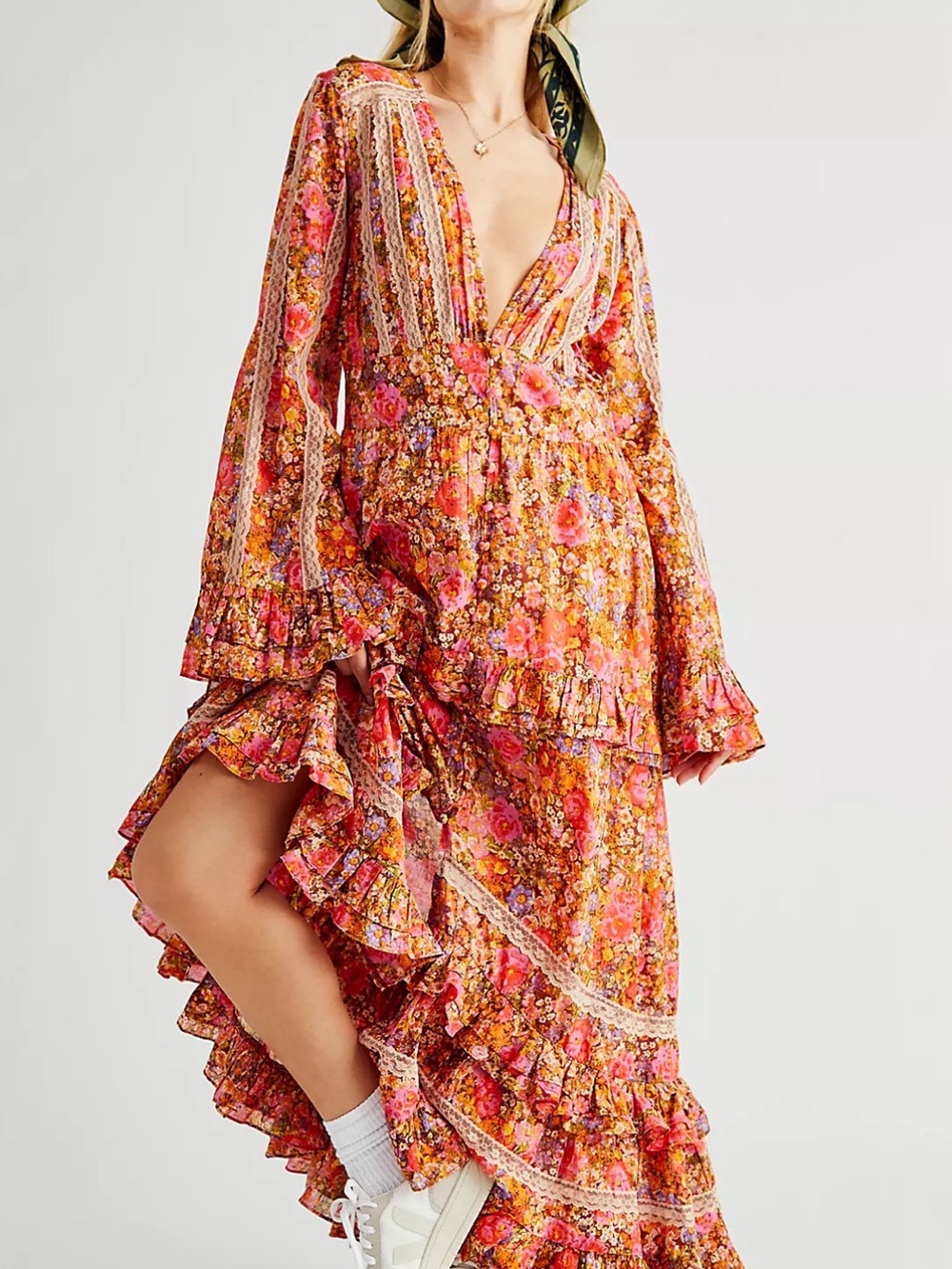 Free People Floral Maxi Dress in Orange and Pink